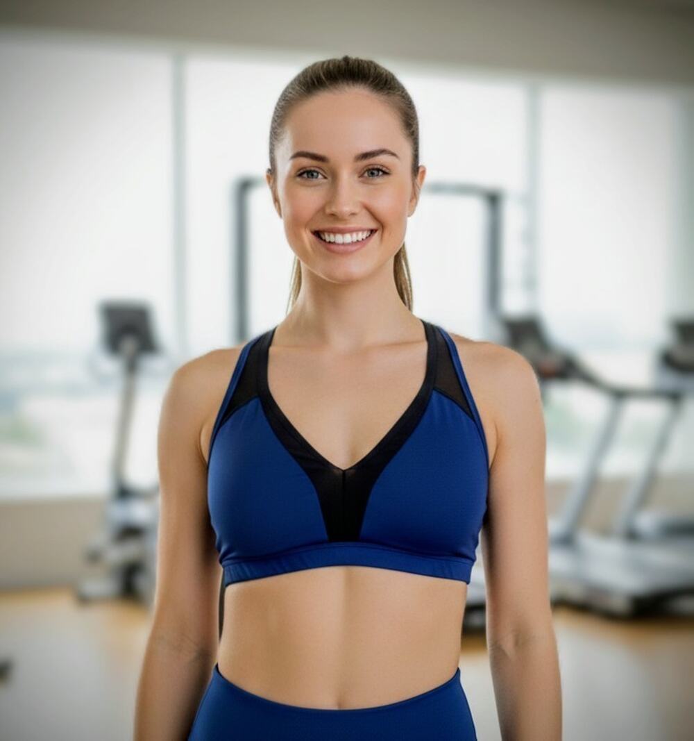 Victoria Sport Strappy Back Sports Bra Blue V-Neck Mesh Trim Size L Large